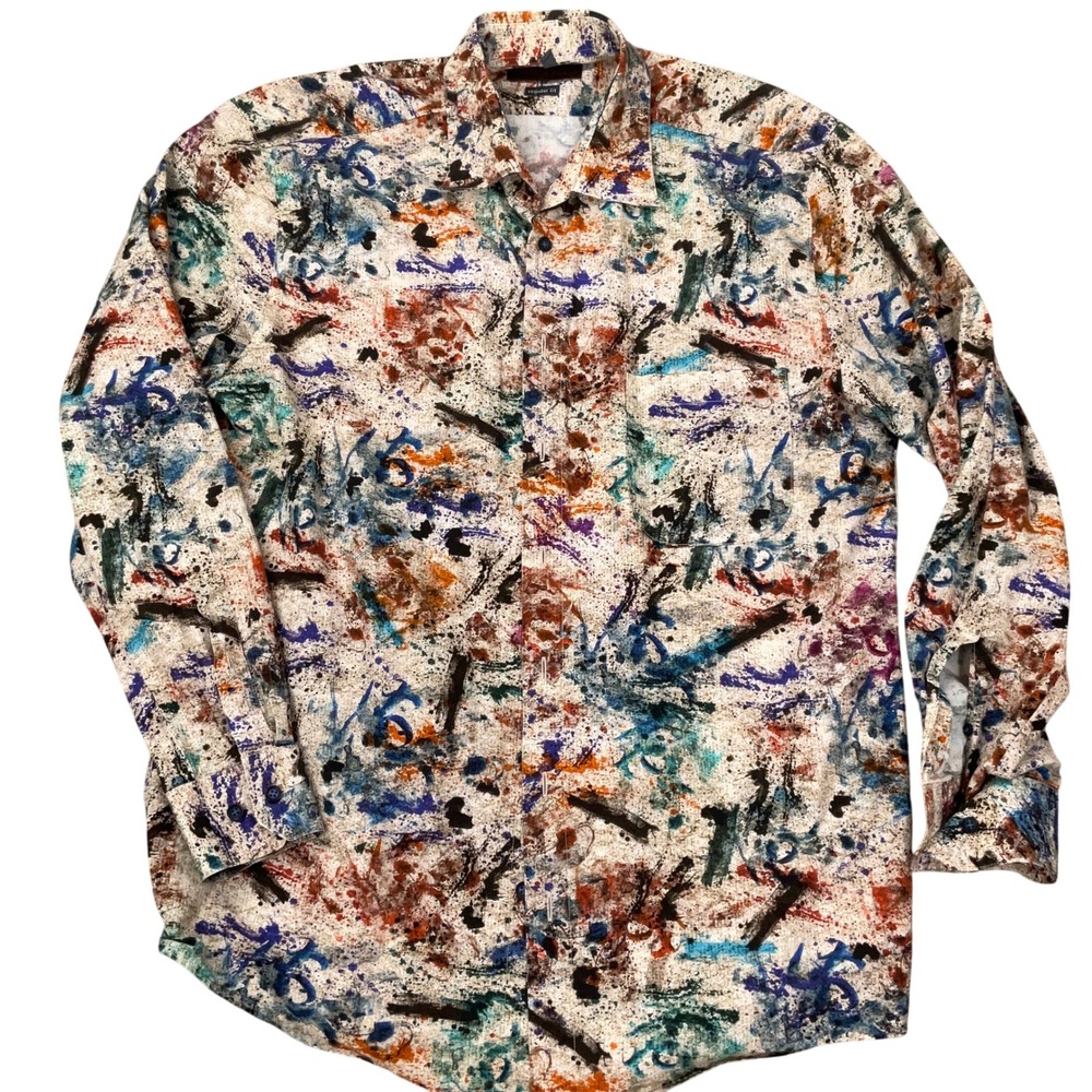 Patrick James Shirt Mens L Multi Abstract Paint Splatter Pop Art Indie Statement